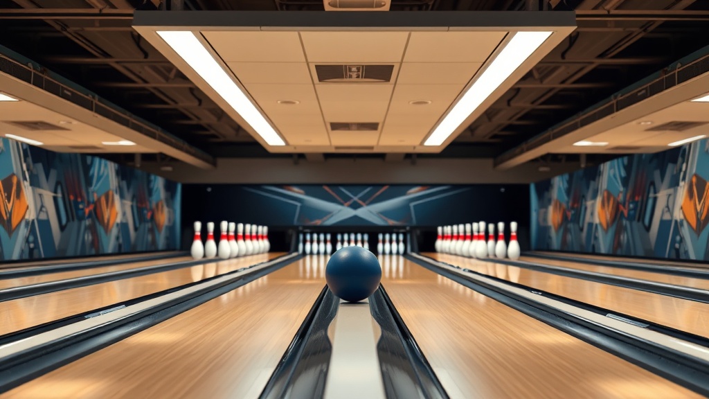 볼링 레인 전체 구조와 핀 배열을 보여주는 장면