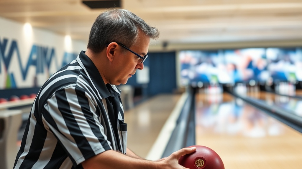 볼링 공식 경기에서 심판이 규칙 위반이나 특수 상황을 판정하는 모습