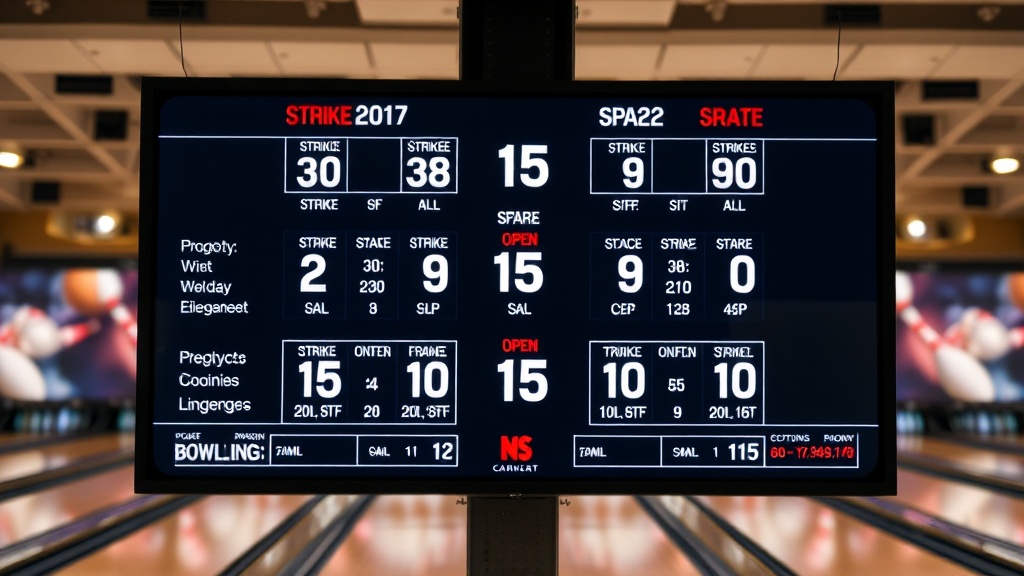 볼링 득점판에 각 프레임의 투구 결과와 누적 점수가 표시된 예시